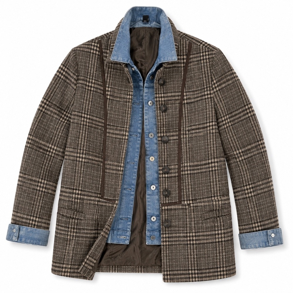 Yest Brown Plaid Blazer with Integrated Denim Jacket Insert Mixed Media Size 8